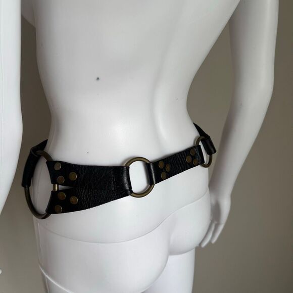 VTG 90s Y2K Grunge Leather Statement Belt Wide O-Ring Festival Hip Belt Punk